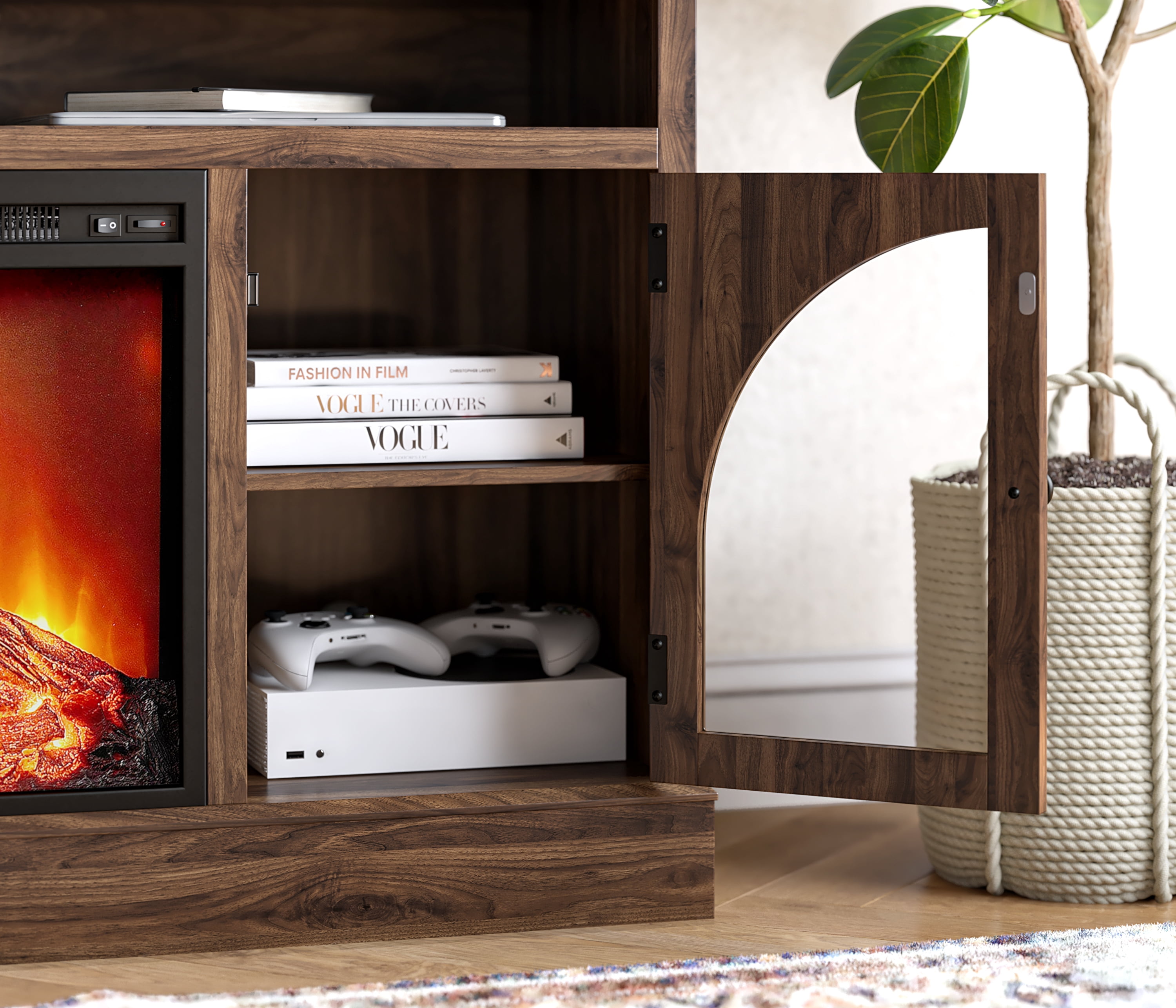 Mainstays Arched Door Fireplace TV Stand for TVs up to 55 in, Canyon Walnut