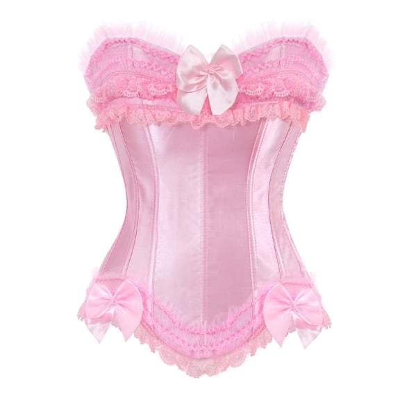 VISALY Plus Size Corset Top for Women Retro Sweetheart Lace Ruffle Bustier Tops Lace Up Satin Boned Overbust Corset Bustier Bodyshaper Top Vintage Front Bow Boned Push Up Waist Shaper Pink L