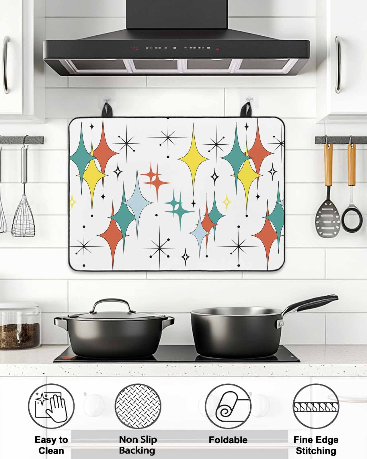 Stove Top Covers for Electric Stove, Middle Century Glass Stovetop Cover Protector, Boho Abstract Art Teal Orange Rhomboid Induction Cooktop Protector Oven Mat for Kitchen Countertop 24"x21"