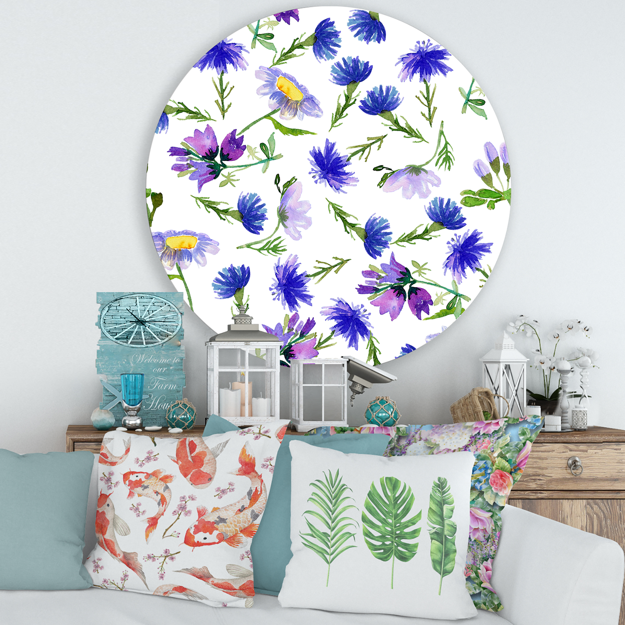 Designart 'Blue Wildflowers With Leaves III' Traditional Circle Metal Wall Art 29x29 - Disc of 29