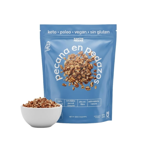 RANCHO PECANA - Pedacería de Nuez Natural de 907 gramos, Nueces Selectas 100% Naturales, Libre de Gluten, sin GMO, Botana Vegana, Kosher, Keto, 10 gramos de Proteína por cada 100