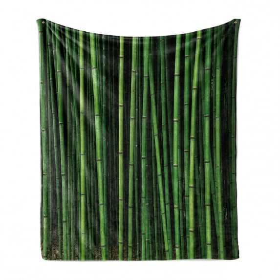 Peace Garden Soft Flannel Fleece Blanket, Nature Themed Picturesque of Japanese Thick Bamboo Forest Elements, Cozy Plush for Indoor and Outdoor Use, 50" x 70", Lime Green and Emerald, by Ambesonne