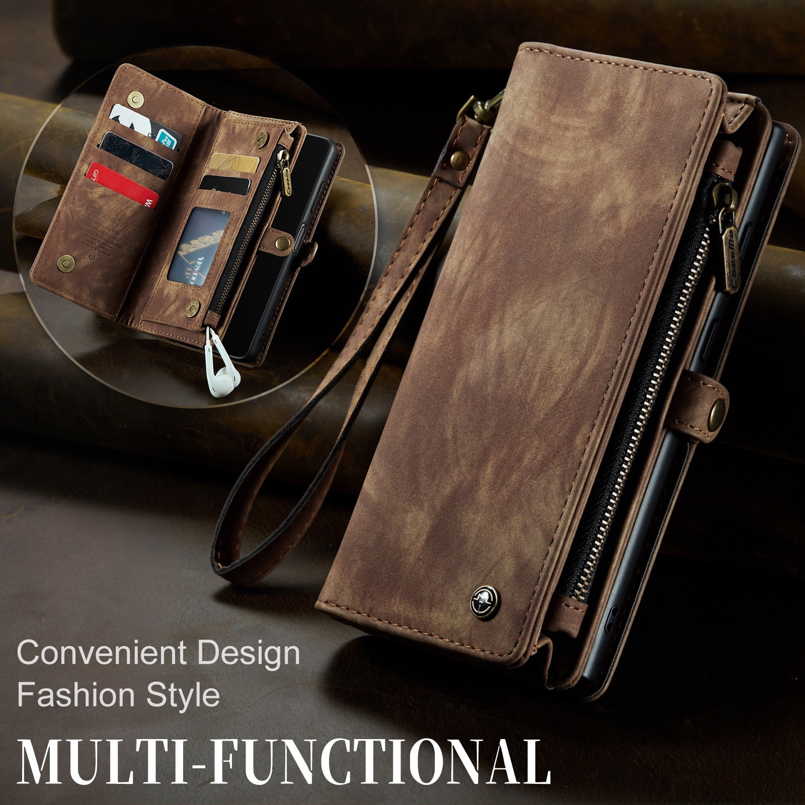 Feishell Durable 2- In-1 Magnetic Detachable Wallet Case for Samsung Galaxy A13 5G,for Women Men,Premium PU Leather Zipper Pocket Flip Multi Card Slots Purse Phone Case with Wrist Strap,Brown
