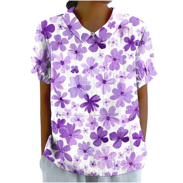 Blusas de Manga Corta para las Mujeres Cuello de Muñeca Lindo Lino Algodón, Impreso Suelto Camiseta para el Uso Casual, Diario Y de Verano