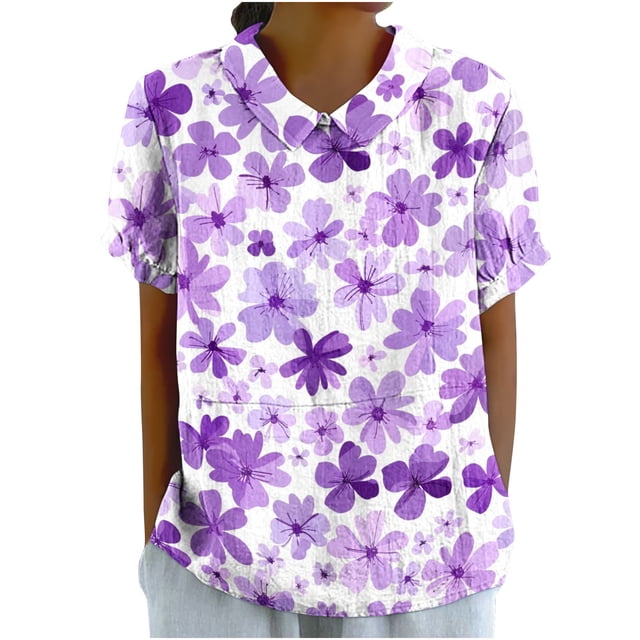Blusas de Manga Corta para las Mujeres Cuello de Muñeca Lindo Lino Algodón, Impreso Suelto Camiseta para el Uso Casual, Diario Y de Verano