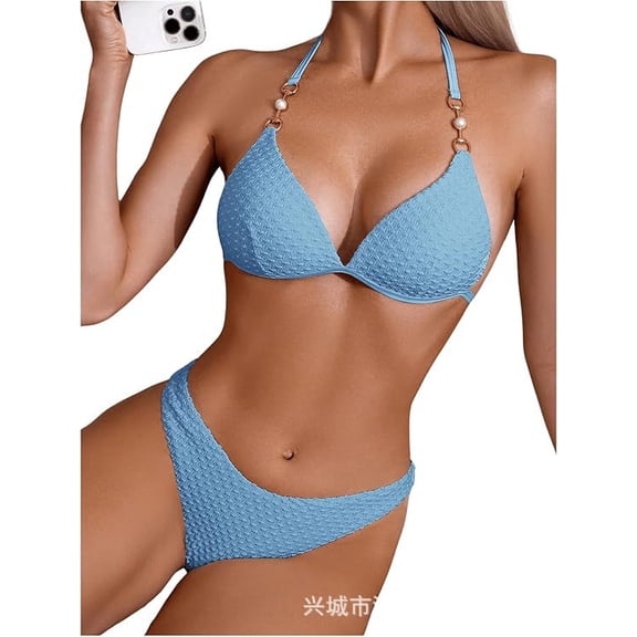 Top-kevin Women's Triangle Bikini Set Cheeky High Cut Sexy Two Piece Swimsuit Cute Halter Bathing Suit