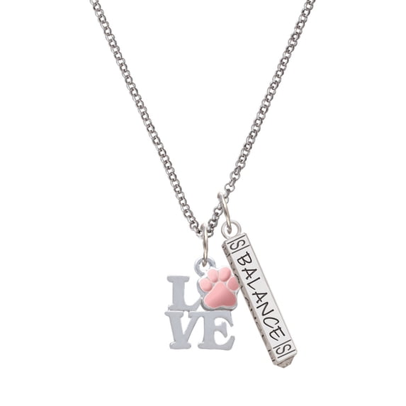 Delight Jewelry Silvertone Love with Pink Paw Silvertone Balance Bar Charm Necklace, 23"