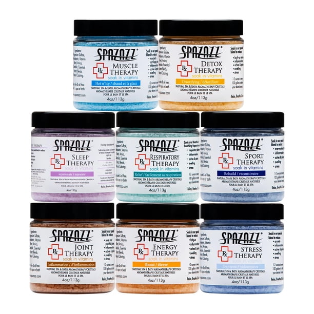 Spazazz RX Therapy Hot Tub Spa y baño Aromaterapia Cristales de sal 4 oz Paquete de 8 muestras El paquete incluye músculos - Articulaciones - Desintoxicación - Estrés - Respiratorio - Deporte - Sueño