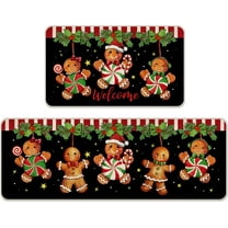 Welcome Christmas Gingerbread Man Kitchen Rugs Set of 2, Xmas Peppermint Candy Holly Red Berries Kitchen Mats Decor, Holiday Door Mat Home Decorations - 17x29 and 17x47 Inch