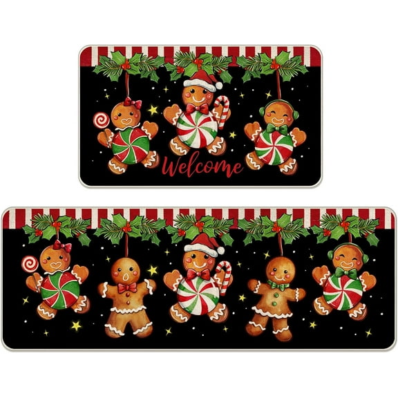 Welcome Christmas Gingerbread Man Kitchen Rugs Set of 2, Xmas Peppermint Candy Holly Red Berries Kitchen Mats Decor, Holiday Door Mat Home Decorations - 17x29 and 17x47 Inch