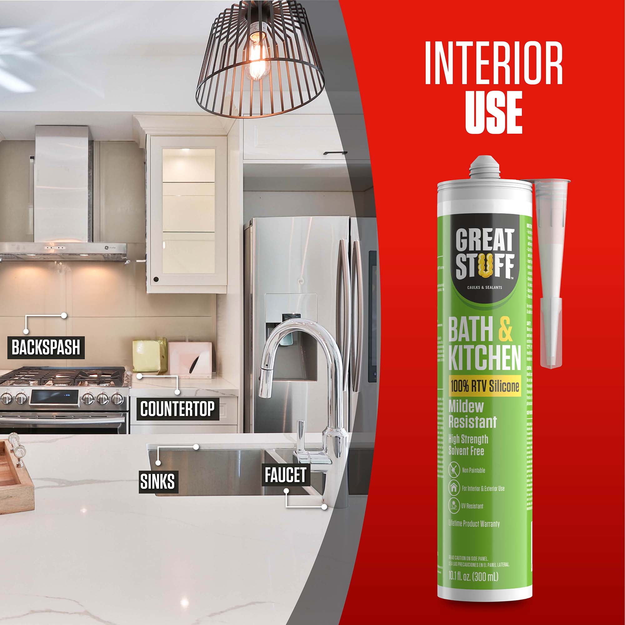 Great Stuff 100% Silicone Caulk - White RTV Silicone Sealant for Bathroom and Kitchen, Shower, Tub, Bathtub, Countertop, Backsplash, Sink Caulking 10.1 oz