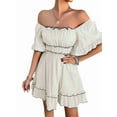 thumbnail image 2 of Women'S Summer Off Shoulder Mini Dress Ruffle Sleeve Elastic Waist Ruffle Hem Cute Beach Elegant Short Dresses Apricot M, 2 of 9