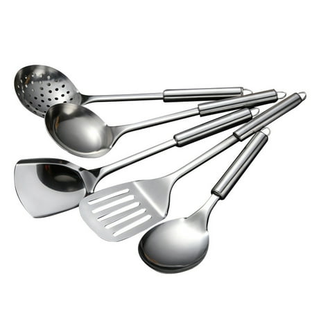 

Reduced！5Pcs Practical Silver Spoon Stainless Steel Spatula Kitchen Utensil Set Cooking