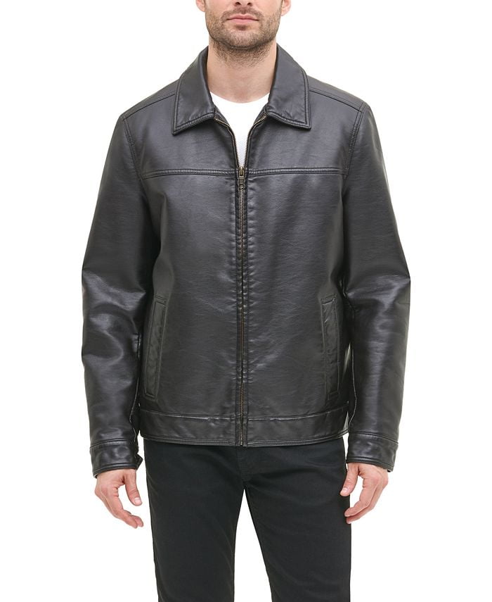 Hilfiger BLACK Men's Faux Leather down Collar Jacket, L -