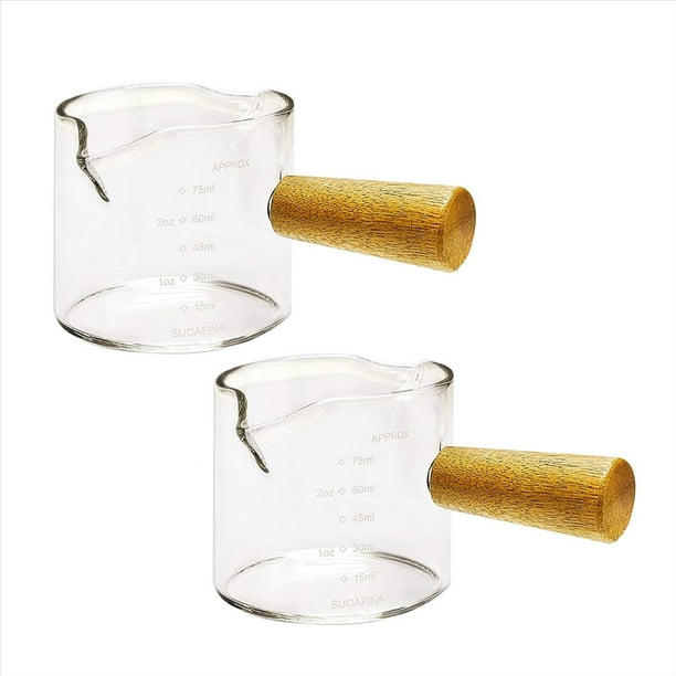 2 Unidades de Vasos de Chupito de Espresso con Boquillas Dobles, Vasos Medidores de Vidrio para Espresso, Utensilios de Cocina con Manejar de Madera para Café con Leche, 75 Ml