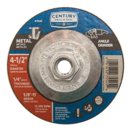 UPC: 0081838755454 | Century Drill & Tool 75545 Metal Grinding Wheel Type 27 – 4.5 x 0.25 in.