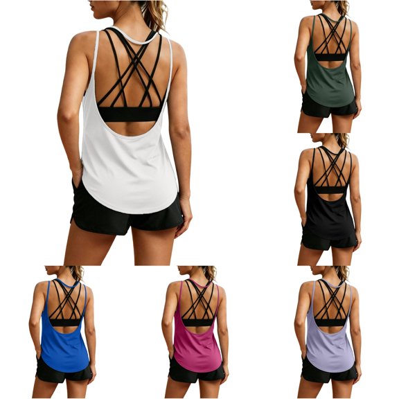 CUSTG Women Camis Sleeveless Casual Fashion Solid Color Backless Workout Yoga Tank Tops Outdoor Activewear O-Neck Fashionable Female Summer Shirts