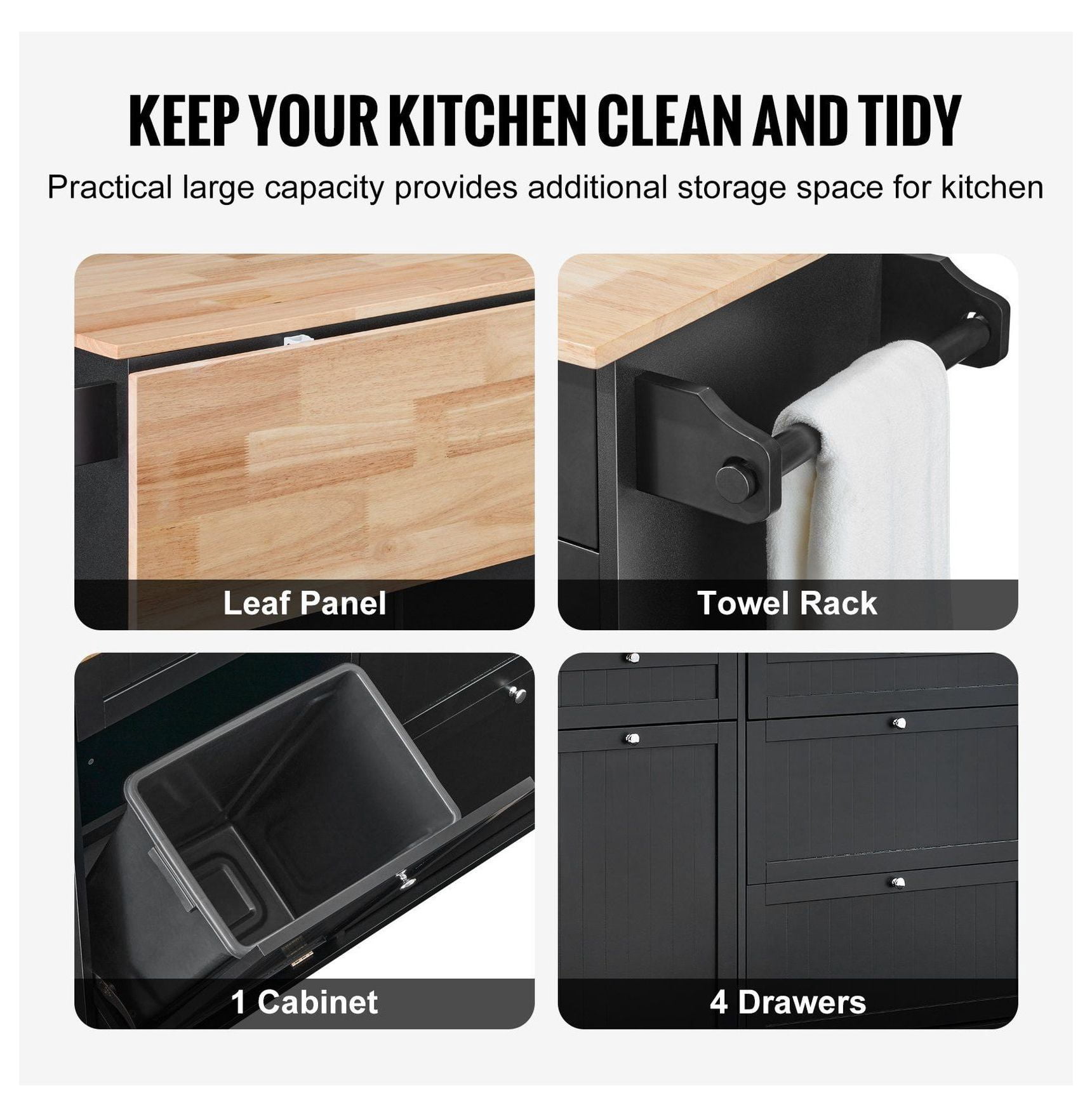 Kitchen Island Cart, 50" Wood Top with Trash Cabinet, Drop Leaf, Towel Bar - Farmhouse Table for Kitchen, Dining, Living Room - Black