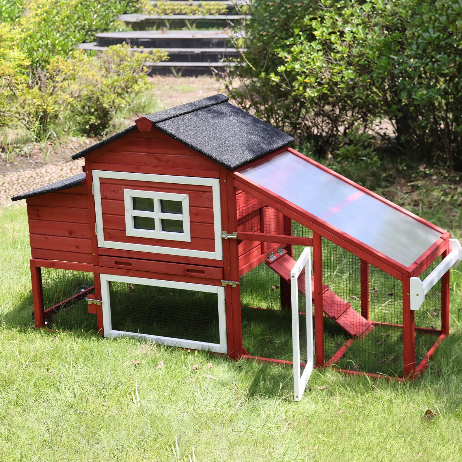 BUTINGLALE Outdoor Mobile Chicken Coop with Wheels Hen House with Nesting Box Wooden Bunny Cage Large Duck House with Run UV Roof Rabbit Hutch(Red)
