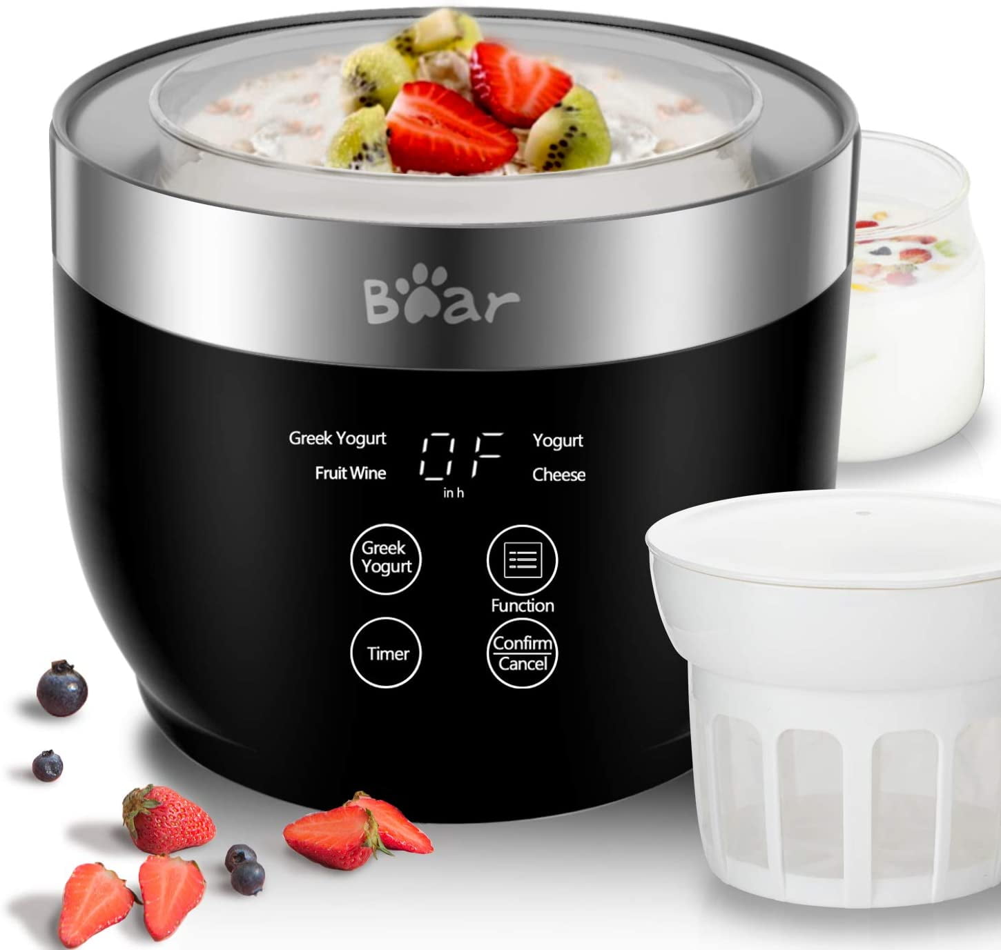 Greek Yogurt Maker Machine with Strainer and Timer Control, Stainless Steel Inner Pot, Automatic Digital Yogurt Maker with 2 Glass Jars 1 Quart for