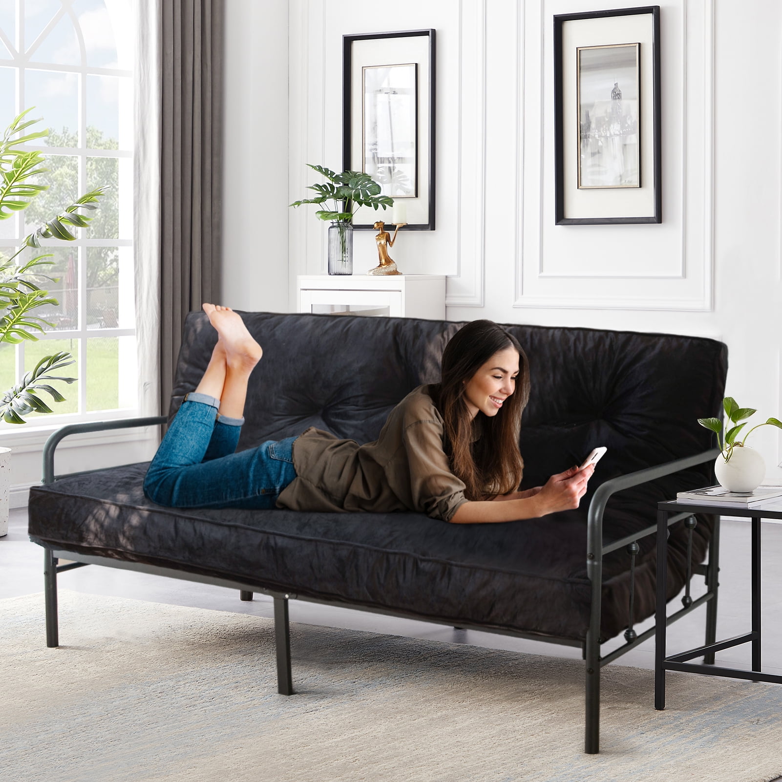 BYBYME 6" Futon Mattress,Velvet Thick Futons Sofa Couch Bed,Floor Mattress for Adults,Shredded Foam Filling,Black Queen(Frame Not Included)