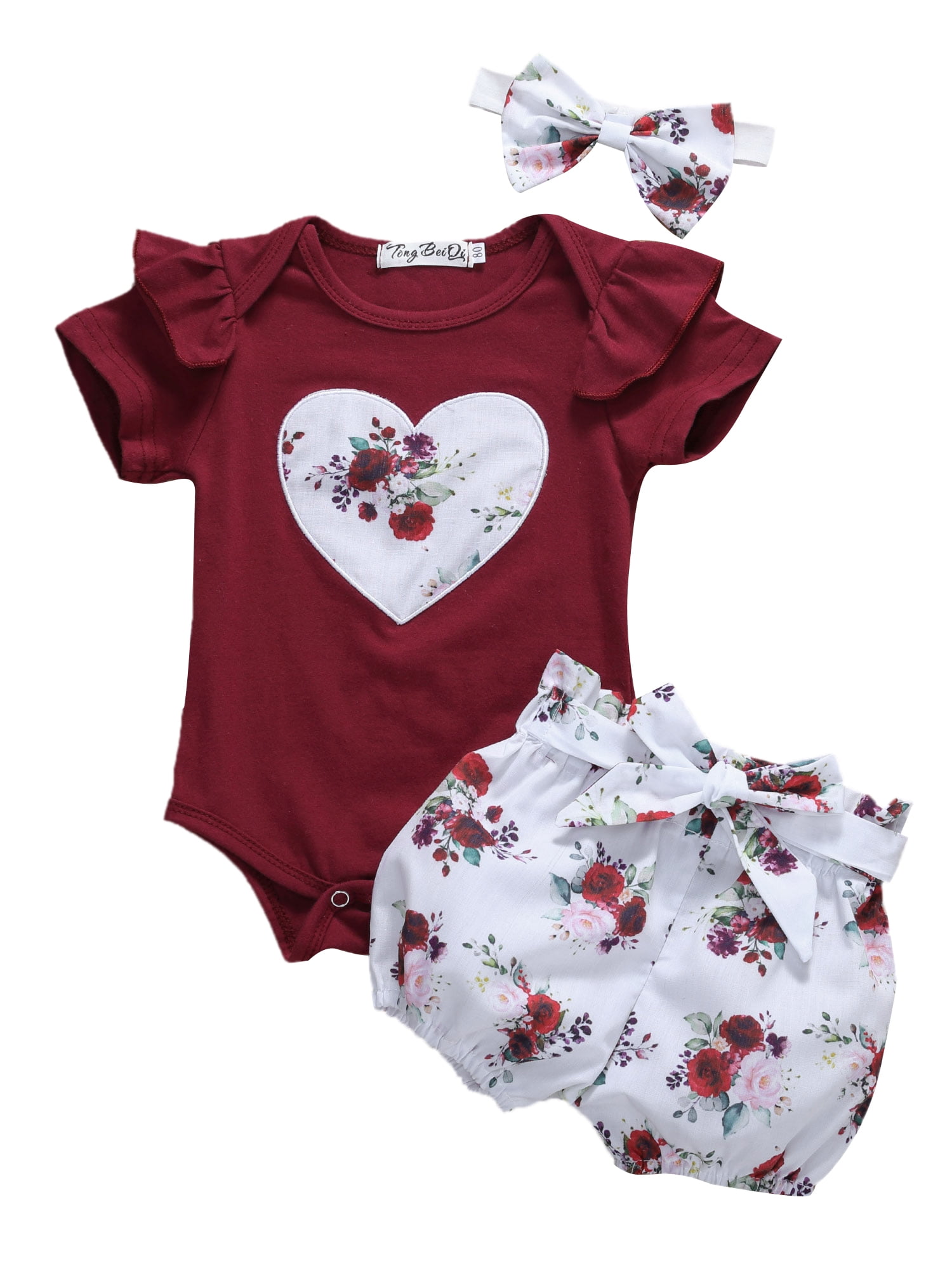 Newborn Baby Girls Outfits Clothes Romper Bodysuit+Flower Shorts+Headband Sets 