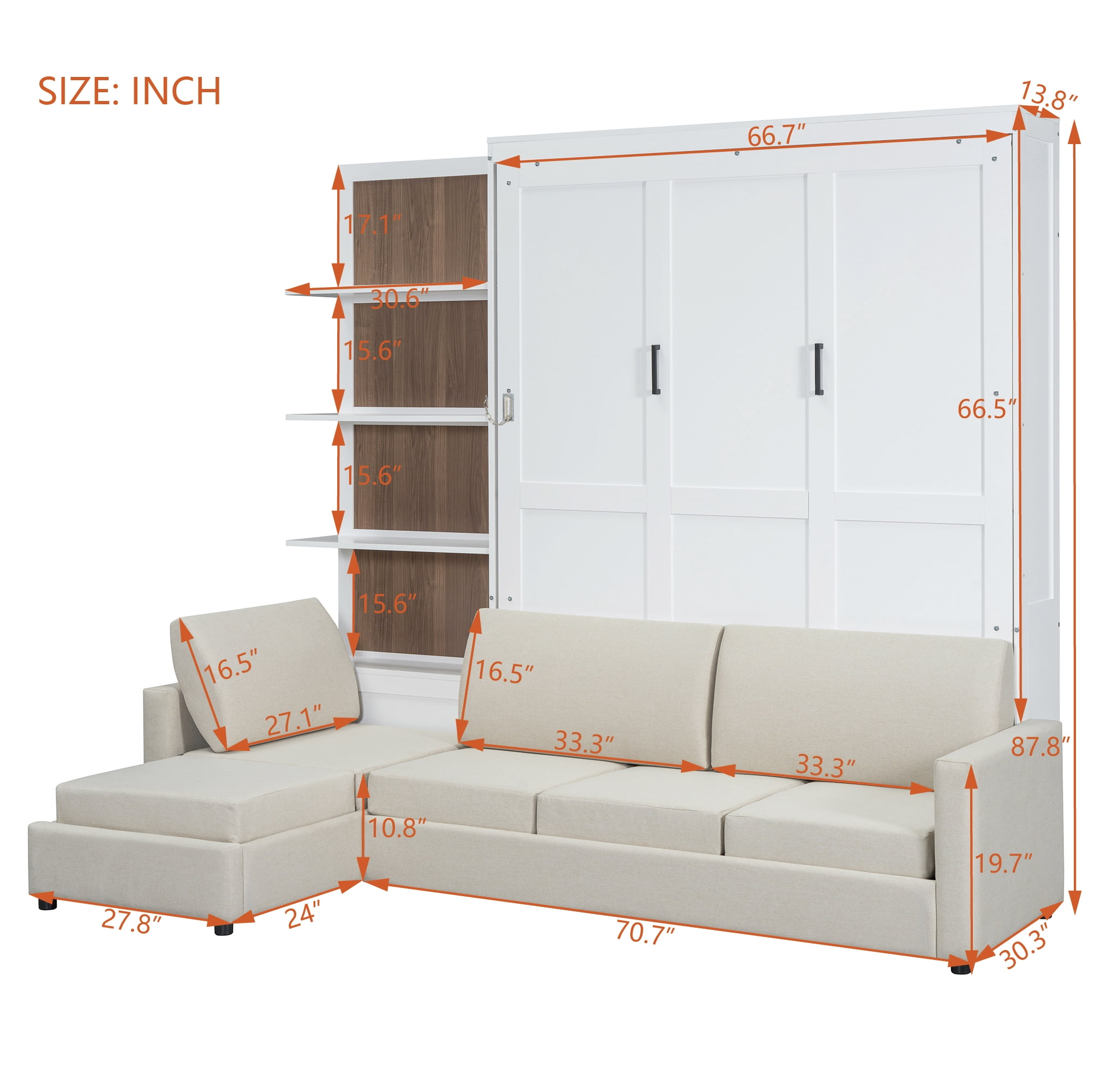 Queen Size Murphy Bed with L Shape Sofa and Open Shelves,Space-Saving for Small Space, Guest Room
