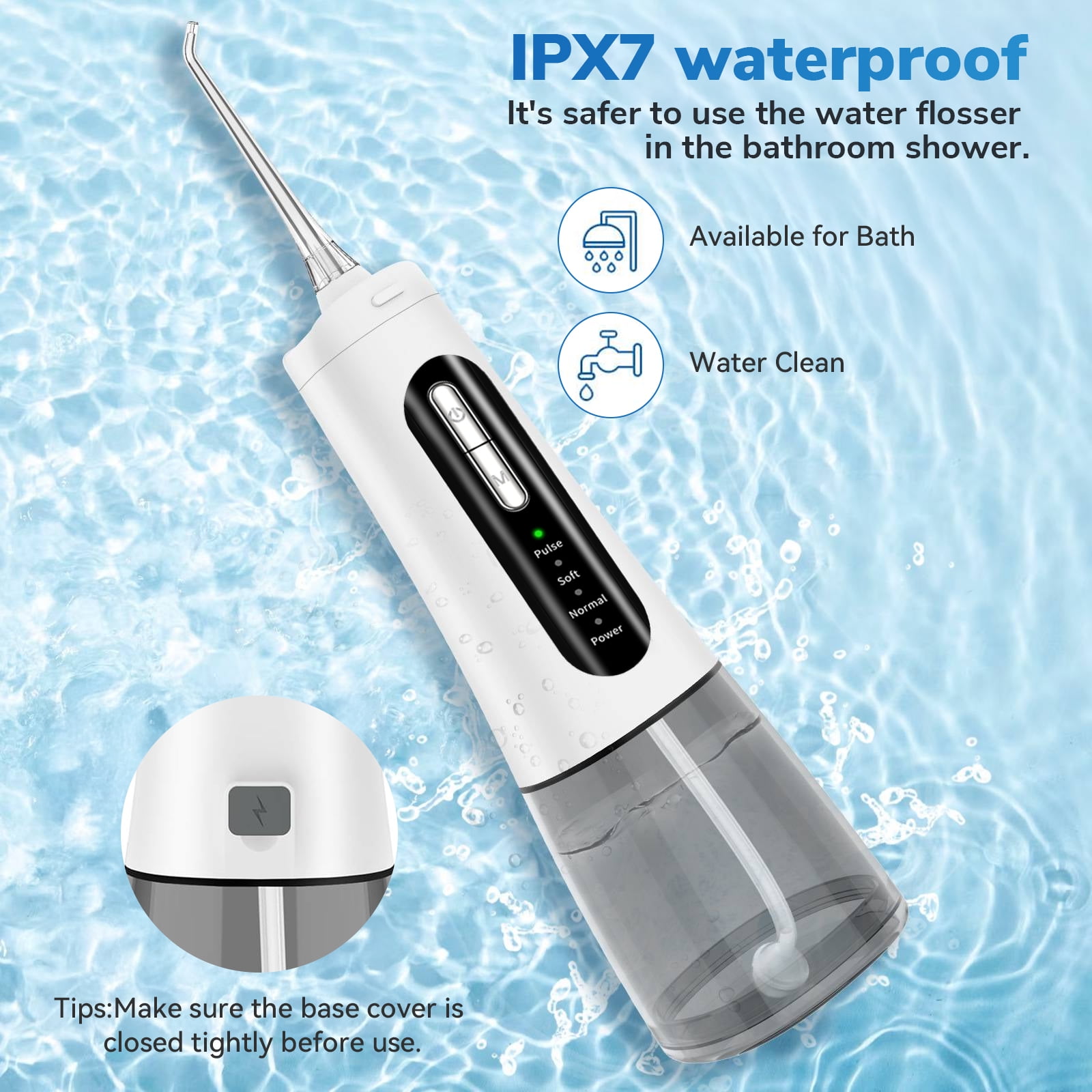 AMBLER Cordless Water Flosser for Teeth,4 Modes 4 Jet Tips Rechargeable Dental Oral Irrigator for Home and Travel (White)