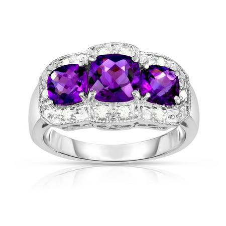 - 14k White Gold Cushion Amethyst and Diamond (0.15 Ct, G-H, SI2) Cocktail Ring