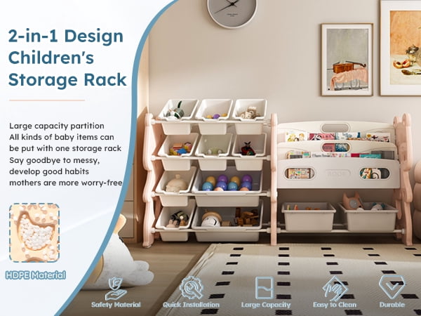 Kids Toy Storage Organizer with 12 Removable Toy Bins, Toy Organizer with 2 Tier Bookshelf for Playroom, Kids Room, Bedroom, Classroom