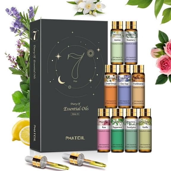 PHATOIL 9PCS Essential Oils Set,  100% Pure for Diffusers, Home Care, Candle Making Scents, Fragrance, Aromatherapy, Humidifiers, Gifts (9 x 10mL)