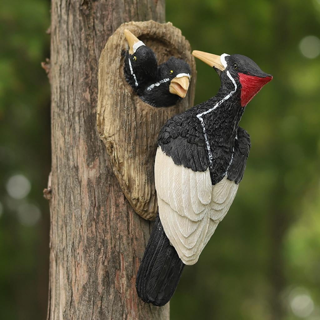Yihuala Woodpecke Bird Figurines Realistic Birds Statue Tree Peeker Yard Art Sculpture Mom and Woodpecke Garden Statue