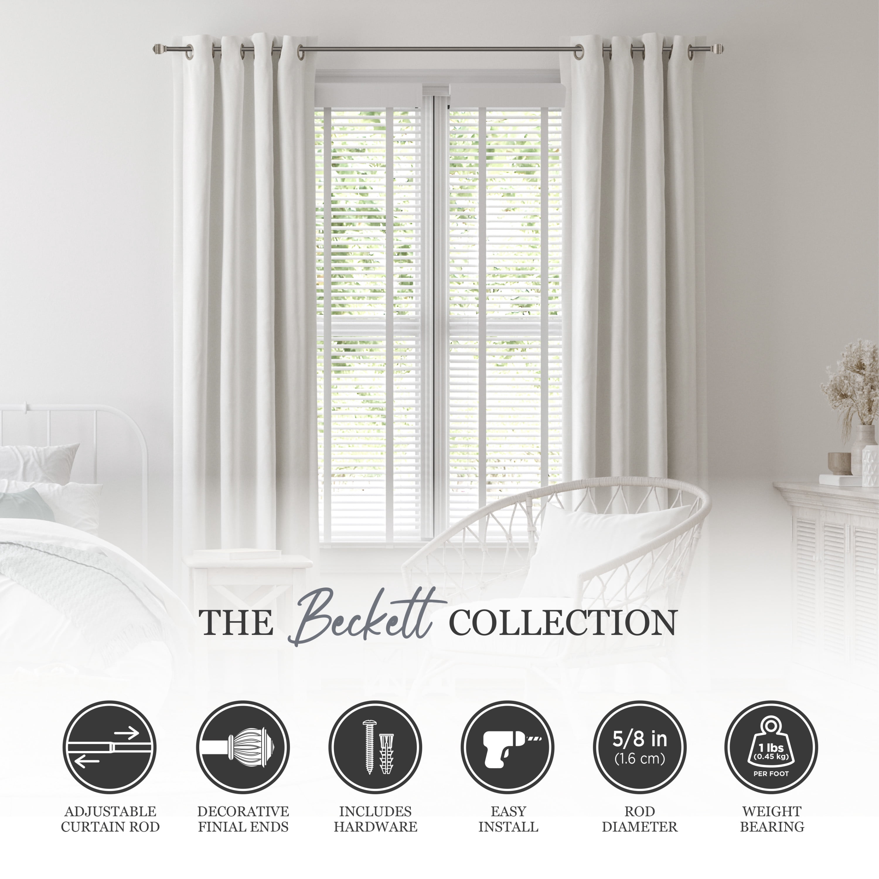 Kenney® Beckett 5/8" Standard Decorative Window Curtain Rod, 28-48", Pewter