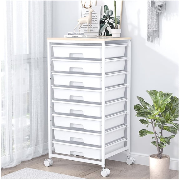 Carro de almacenamiento SYKIARIOL de 8 cajones con tapa de madera, blanco
