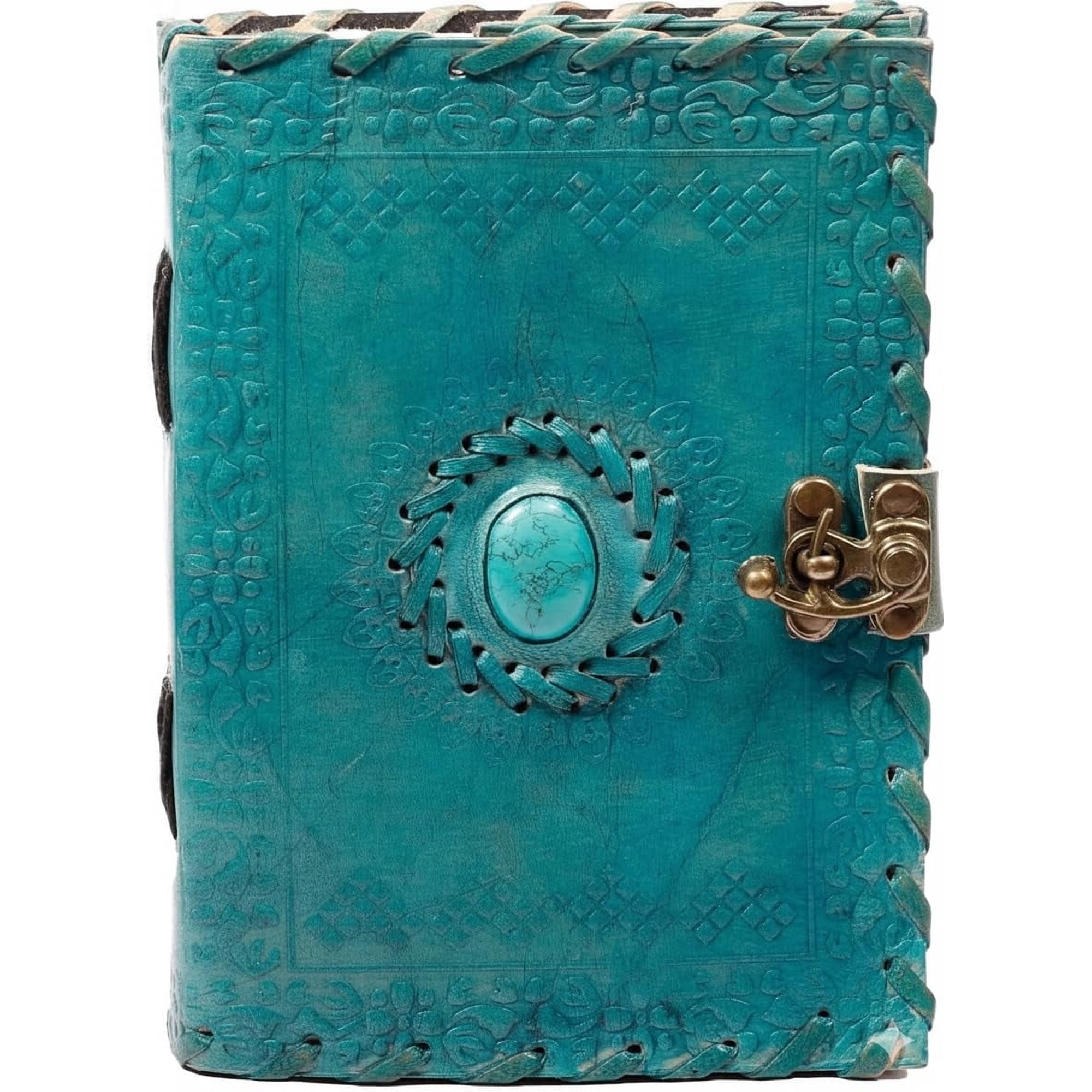 TUZECH Leather Journal Large Writing Notebook Handmade Bound Vintage Journal For Women & Men with Lock/Semi-Precious Stone Gift For Art Sketchbook (7 x 5 Inches)