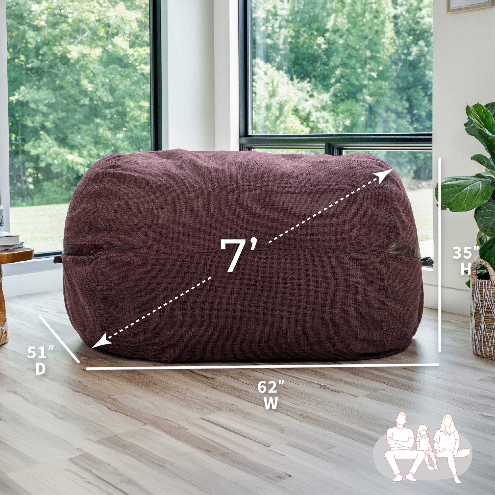 Big Joe Fuf 7Ft Giant Foam Bean Bag Chair, Oversized Couch with Removable Cover for Kids, Teens, Adults, Merlot Cloudweave, 7 Foot