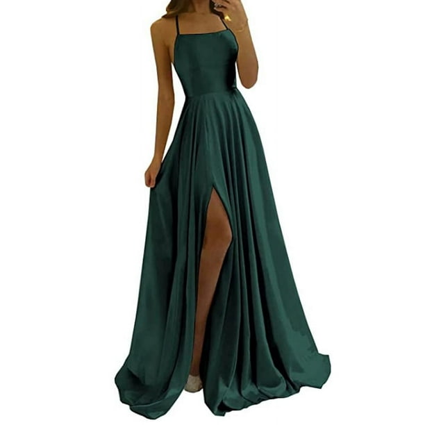 Elegante vestido de noche multicolor con escote en V y tirantes finos de satén brillante
