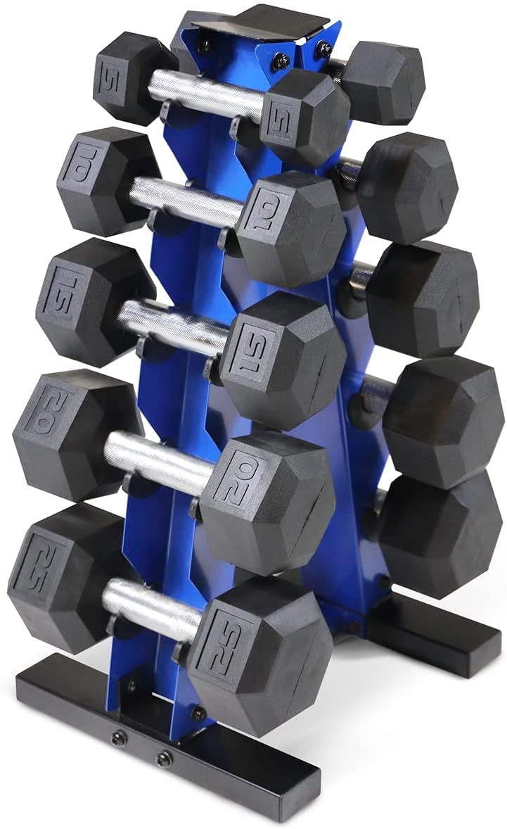 WF Athletic Supply 5-25Lb Rubber Coated Hex Dumbbell Set with A Frame Storage Rack Non-Slip Hex Shape for Muscle Toning, Strength Building & Weight Loss - Multiple Choices Available