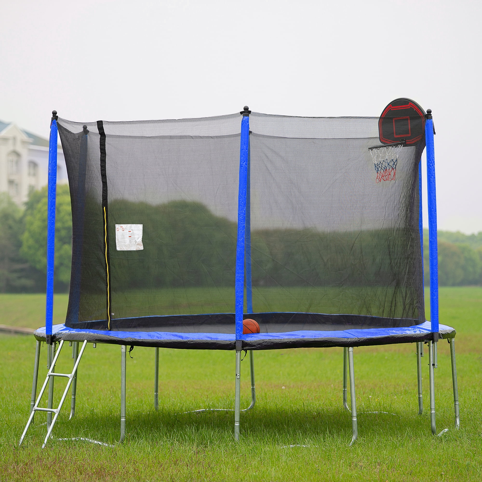 YC 14FT Trampoline with Basketball Hoop Inflator and Ladder(Inner Safety Enclosure) Blue A+B