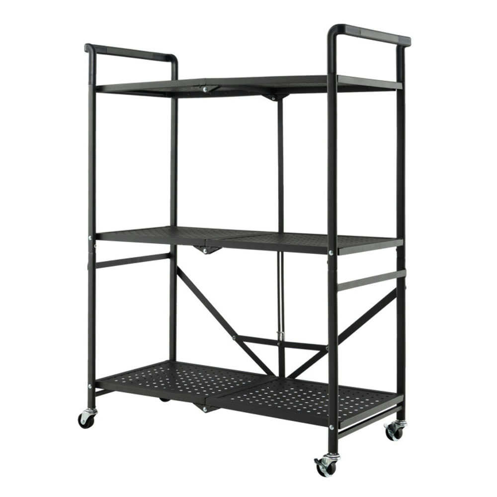 Finihen Rolling Cart, Kitchen Island Cart, 3-Tier Folding Utility Cart with 2 Lockable Casters, for Kitchen, Dining Room, Black Finihen Rolling Cart, Kitchen Island Cart, 3-Tier Folding Utility Cart with 2 Lockable Casters, for Kitchen, Dining Room, Black