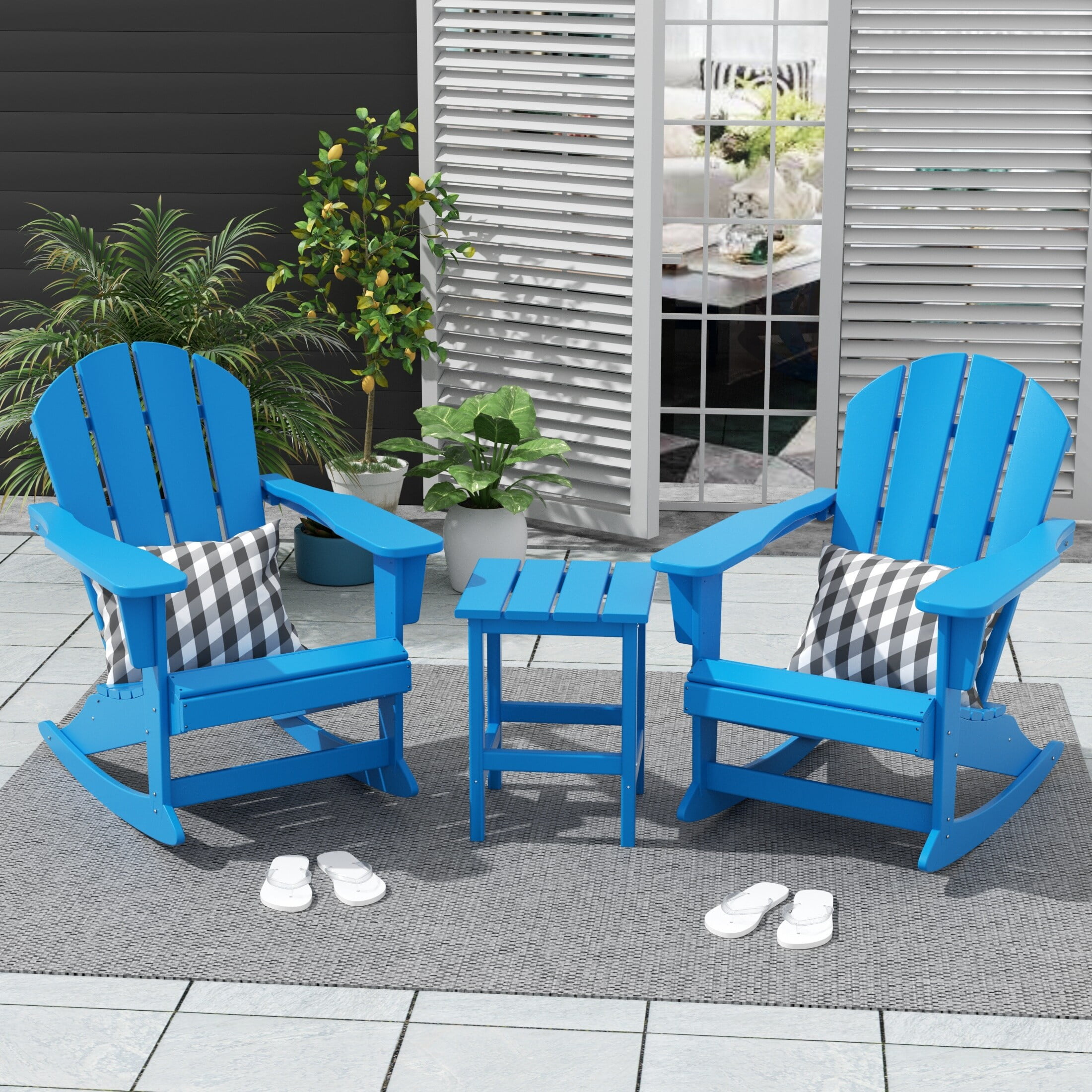 Polytrends  Laguna Hdpe All Weather Outdoor Patio Rocking Chairs With Side Table (3-Piece Set) Pacific Blue