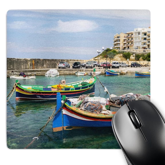3dRose, Hotel buildings and traditional Luzzu boats, Gozo Island, Malta. , MousePad