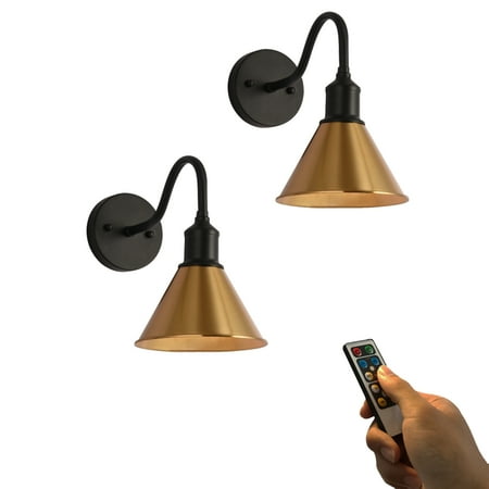 

FSLiving Timer Battery Remote LED Dimming 100 Lumens Wall Lamp No Wire Black Base Gold Shade Wall Light Wall Lighting Modern Design for Kitchen Corner Bedsides Entrance Battery Not Included - 2 Pack