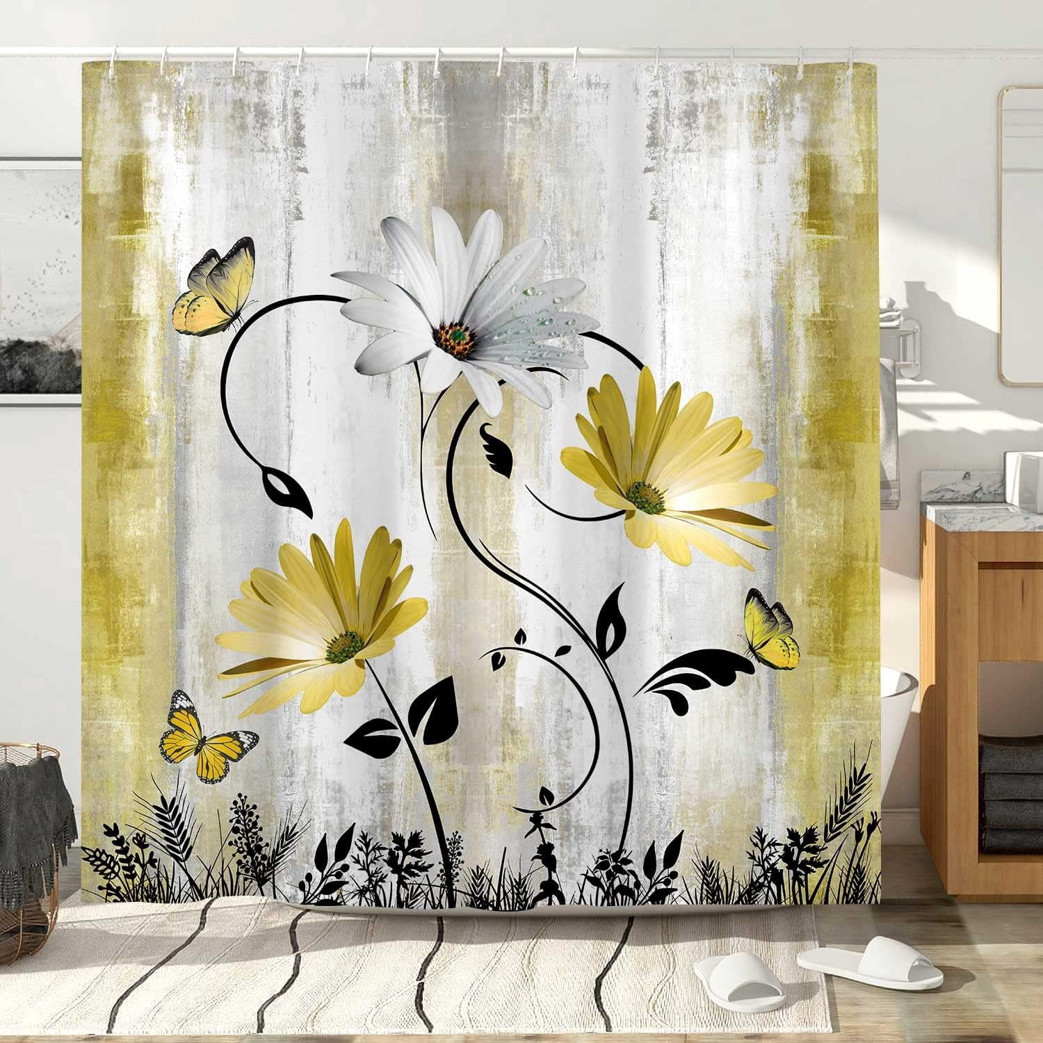 Rustic Farmhouse Shower Curtain for Bathroom, Farm Teal Daisy Floral Flowers and Butterfly on Country Wooden Bath Curtains, Turquoise Yellow Fabric Bathroom Decor Set with Hooks72x84