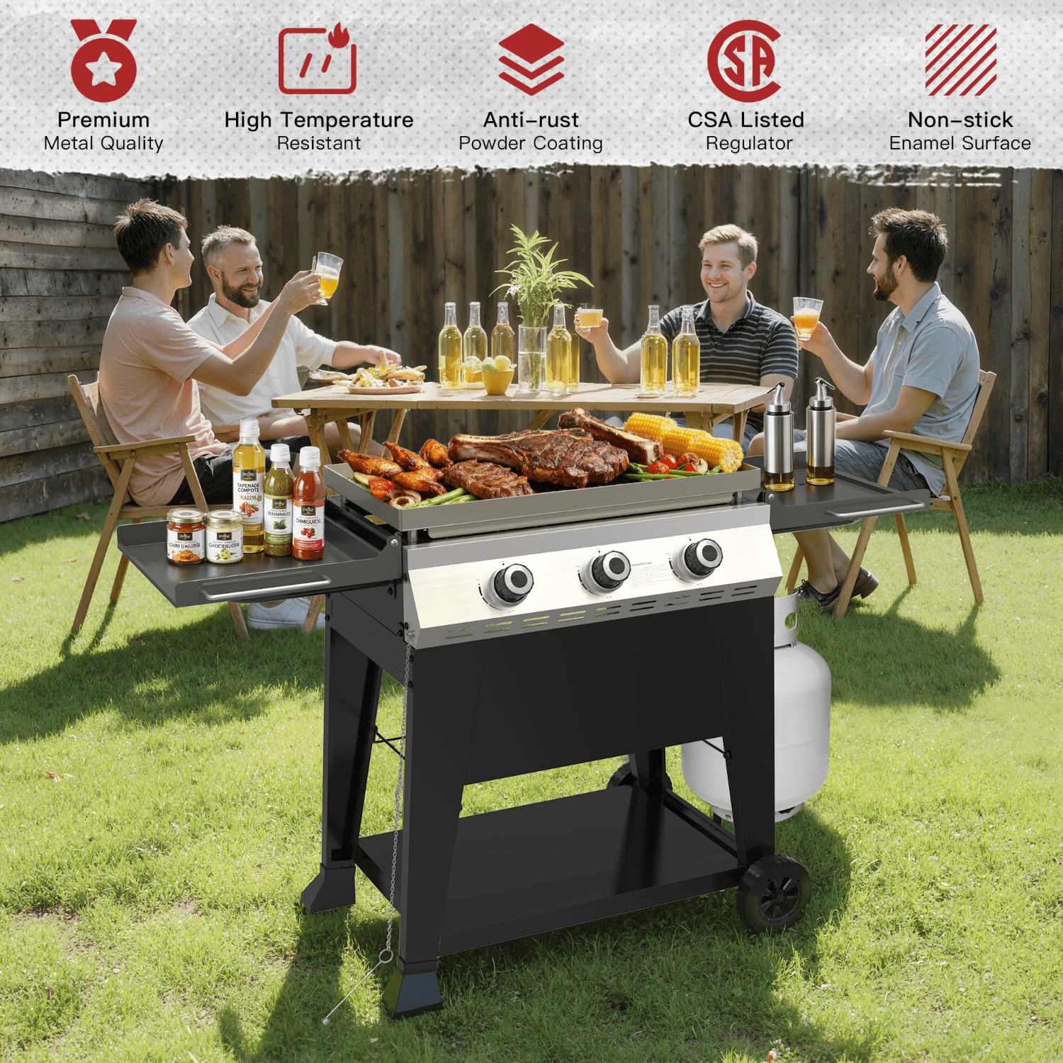 3-Burner Propane Flat Top Griddle Grill, 36,000 BTU Outdoor Gas Griddle with 420 Sq. In. Cooking Area, Folding Side Shelves & Rolling Wheels, Black