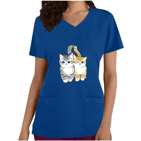 

JGGSPWM Women s Scrub Tops Scrub Medical Cute Cat Print V Neck Short Sleeve Tees Workwear Professional T-shirts Soft Comfy Holiday Blouse Blue S