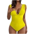 thumbnail image 2 of UTSJKR Deals One Piece Swimsuit for Women Tummy Control Ruched Bathing Suit Sexy High Cut Swimwear V Neck Swim Suit Yellow L, 2 of 7