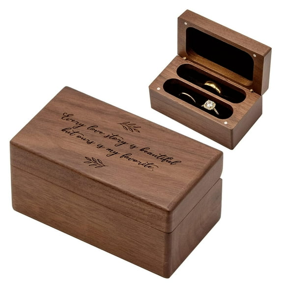 MUUJEE Every Love Story Is Beautiful, But Ours Is My Favorite - Engraved Wooden Ring Case Box for Wedding Ceremony Ring Bearer Valentines Anniv Gift Ideas
