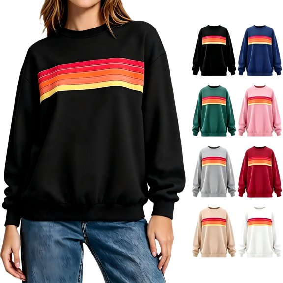 Tqcoqu Sweatshirt for Women with Rainbow Striped,Loose Fit Pullover Shirts Round Neck Long Sleeve Casual Tops Daily Wear