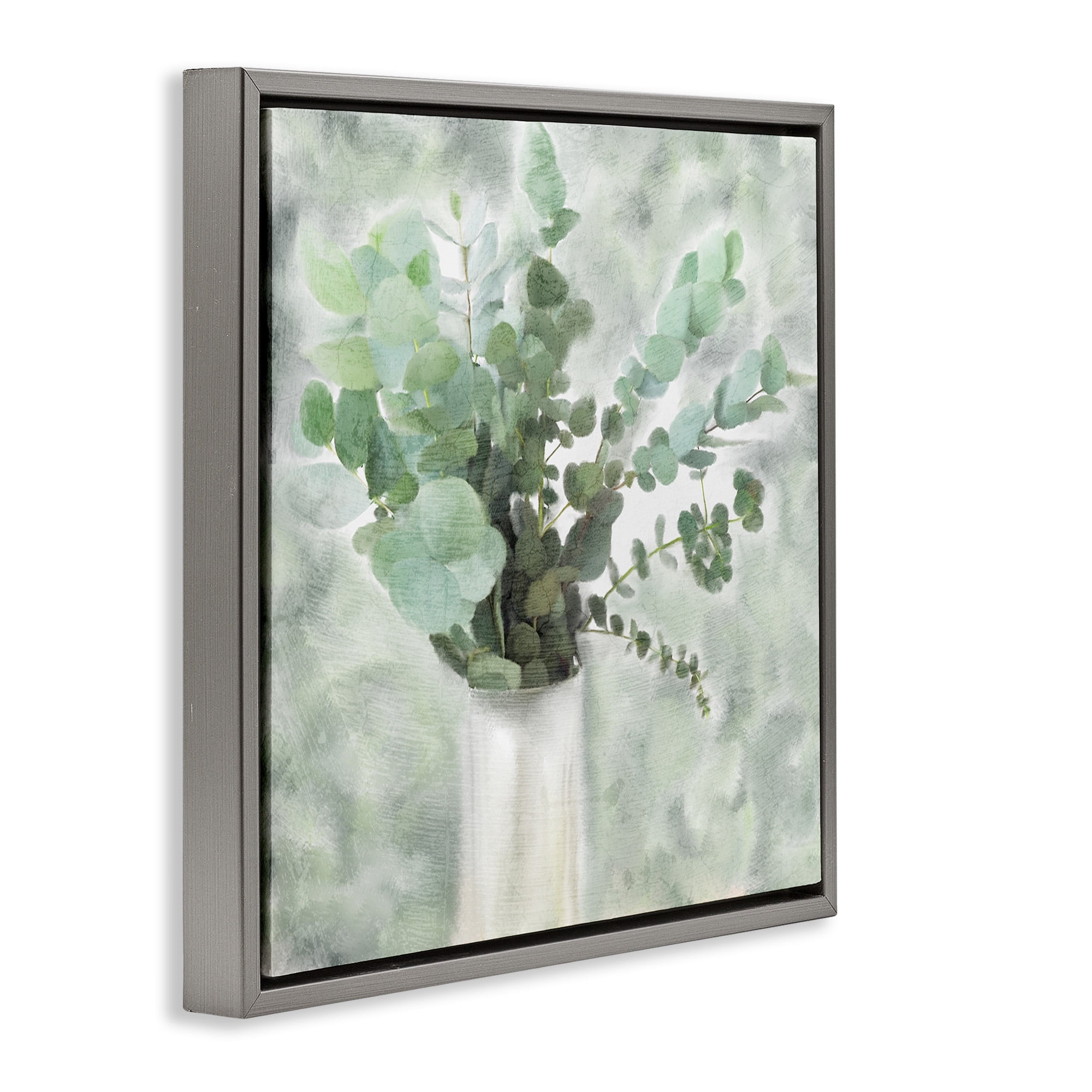 Stupell Industries Sage Green Painterly Eucalyptus Botanical & Floral Painting Gray Floater Framed Canvas Art Print Wall Art, 18 x 18